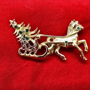 Vintage 1970s Tanger Christmas Tree and Sleigh Gold Brooch Pin